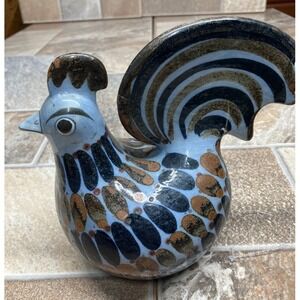 Tonala Mexico Pottery Rooster Figurine Hand Painted Blue Bird Folk Art Signed